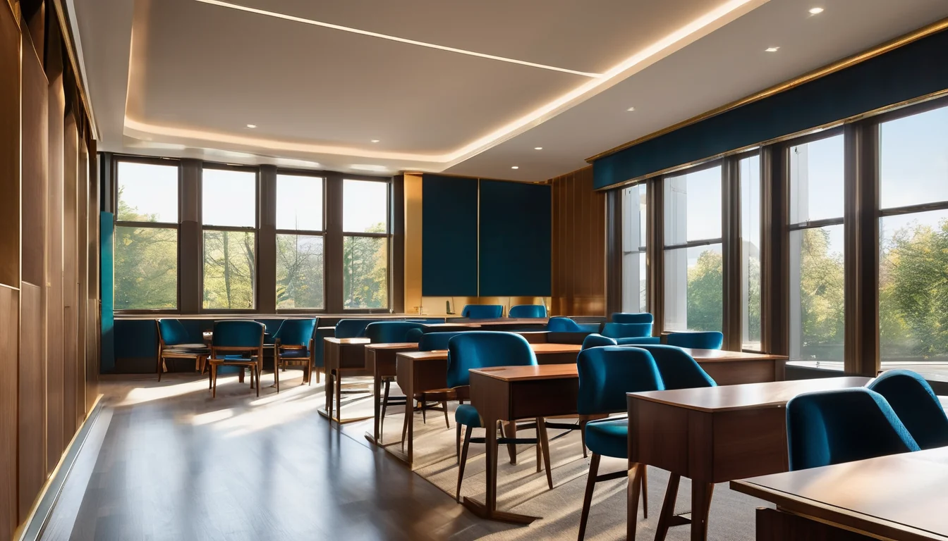 Renkli üçgen akustik panellerle düzenlenmiş aydınlık sınıf